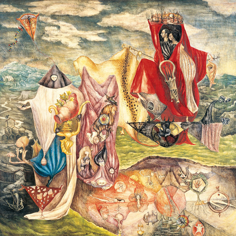 Leonora Carrington. Chiki, ton pays (Chiki, Your Country), 1944. Oil, tempera and ink on canvas, 35 1/4 × 35 1/2 in (89.5 × 90.2 cm). Private collection, Mexico City.