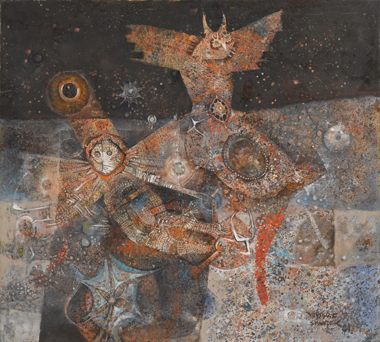 Skunder Boghossian. Night Flight of Dread and Delight, 1964. Oil on canvas with collage, 56 5/8 × 62 5/8 in (143.8 × 159.1 cm). North Carolina Museum of Art, Raleigh, Purchased with funds from the North Carolina State Art Society (Robert F. Phifer Bequest).