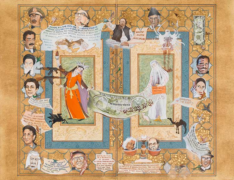 Shahzia Sikander. The Many Faces of Islam, 1999. Gouache, vegetable colour, watercolour, gold leaf, graphite and tea on wasli paper, 43.2 x 30.5 cm (17 x 12 in). Courtesy the Artist and Sean Kelly Gallery, NY, and Pilar Corrias Gallery, London.
