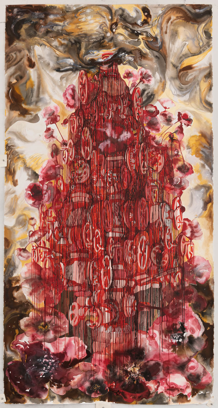Shahzia Sikander. Oil and Poppies, 2019-20. Ink and gouache on paper, 248.9 x 129.5 cm (98 x 51 in). Courtesy of the Artist and Pilar Corrias, London