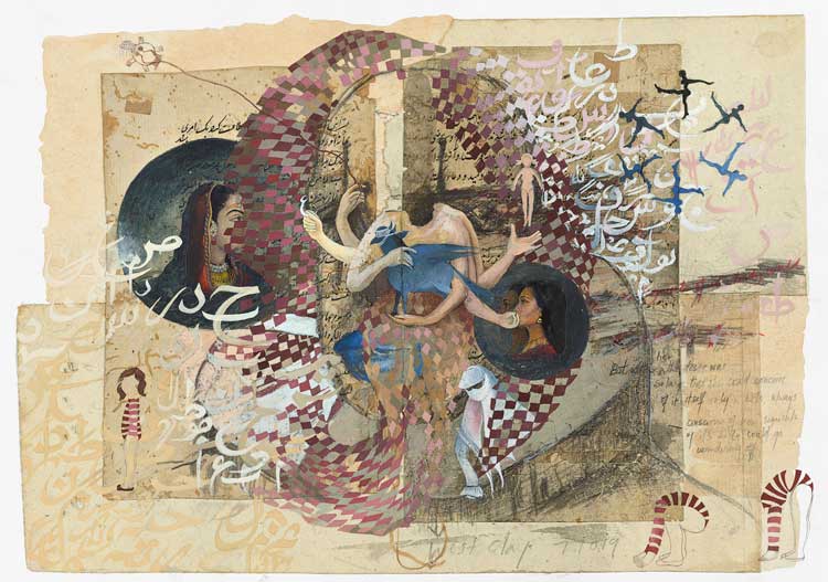 Shahzia Sikander. Segments of Desire Go Wandering Off, 1998. Collage with vegetable colour, dry pigment, watercolour, graphite, and tea on wasli paper, 24.3 x 50 cm (9 9/16 x 19 11/16 in). Courtesy the Artist and Sean Kelly Gallery, NY, and Pilar Corrias Gallery, London.