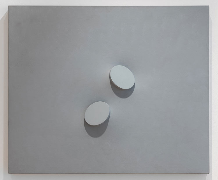 Turi Simeti. Due ovali in grigio, 1993. Acrylic and collage on shaped canvas, 39 3/8 x 47 ¼ in (100 x 120 cm). Image courtesy The Mayor Gallery.