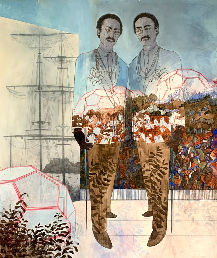 Pamela Phatsimo Sunstrum. Grandpères, 2020. Pencil and oil on canvas, 166 x 144 cm. © the artist.