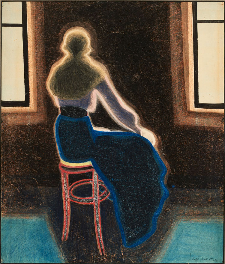 Leon Spilliaert, Young Woman on a Stool, 1909. Indian ink, pen, coloured pencil, coloured chalk and gouache on paper, 70.3 x 59.9 cm. The Hearn Family Trust.