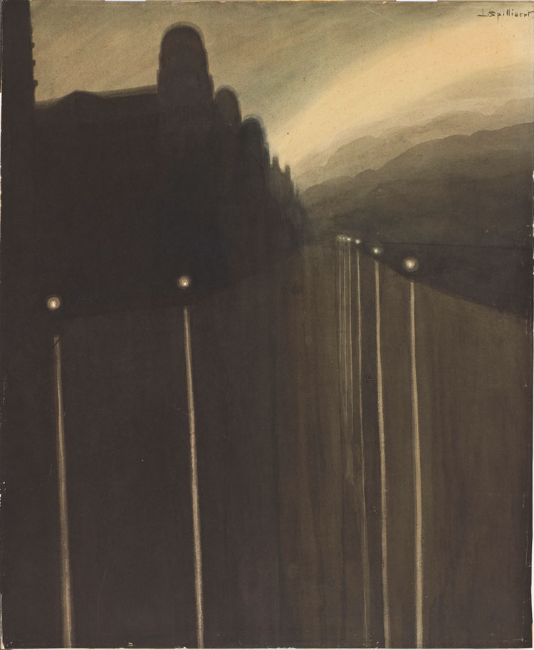 Leon Spilliaert, Dike at night. Reflected lights, 1908. Indian ink wash, pen and coloured pencil on paper, 48 x 39.4 cm. Musée D'Orsay. Photo: © Musée d'Orsay, Dist. RMN-Grand Palais / Patrice Schmidt.