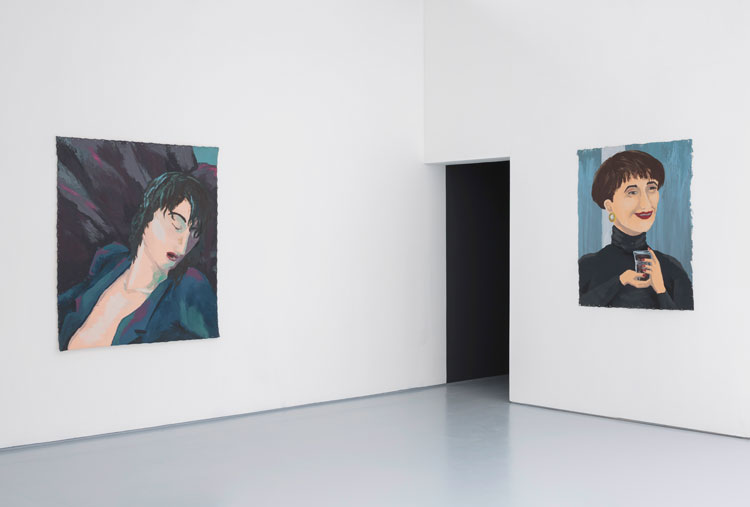 Manuel Solano. Untitled from the series An Interior, A Sensation, An Instant, 2019. Acrylic on canvas (left); La Tia Gabi, 2018. Acrylic on canvas. Installation view, Dundee Contemporary Arts, 2019. Photo: Ruth Clark.