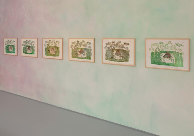 Abel Rodríguez. Inundated Forest Series, 2009. Ink, graphite, and watercolour on paper. Courtesy the artist, Tropenbos International and José Roca FLORA ars+natura, Bogotá, Colombia. Installation view, Dundee Contemporary Arts, 2019. Photo: Ruth Clark.