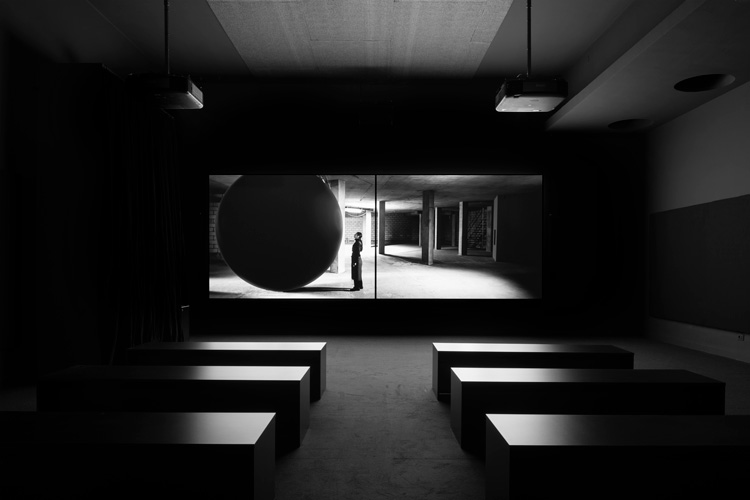 Larissa Sansour and Søren Lind. Installation view of In Vitro, Danish Pavilion, Venice Biennale 2019. 2-channel black and white film. 27 min 44 sec. Photo: Ugo Carmeni.