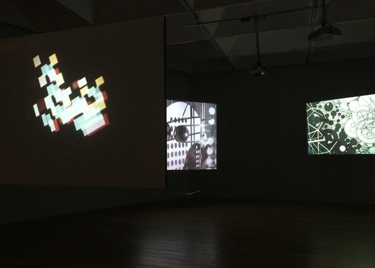 Screens for experiments in sound and vision, gallery 1. Installation view, Still Undead: Popular Culture in Britain Beyond the Bauhaus, Nottingham Contemporary, 2019. Photo: Veronica Simpson.