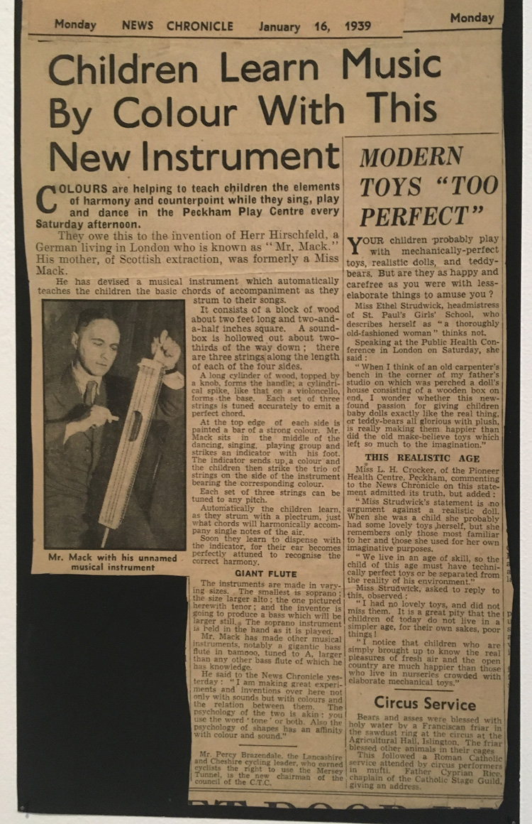 Ludwig Hirschfeld-Mack, newspaper clipping, January 1939. Installation view, Still Undead: Popular Culture in Britain Beyond the Bauhaus, Nottingham Contemporary, 2019. Photo: Veronica Simpson.