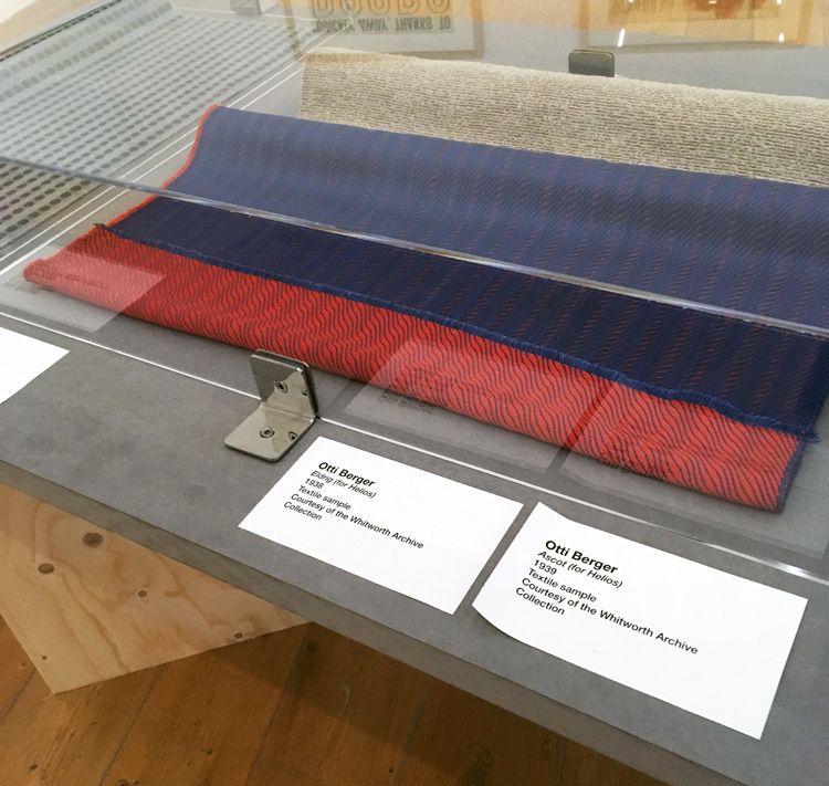 Otti Berger, textiles for Helios, Eldrig (1938) left, and Ascot (1939) right. Installation view, Still Undead: Popular Culture in Britain Beyond the Bauhaus, Nottingham Contemporary, 2019. Courtesy of the Whitworth Archive Collection.