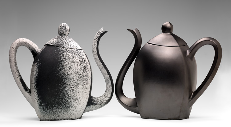 Michael Sherrill, Two Sides of Tea, 1992. Ceramic. Left: 16 1/8 x 18 ½ x 8 ¼ in. Right: 16 3/8 x 18 5/8 x 7 ½ in. Gift of MCI. 2001.89.5.1A-B and 2001.89.5.2A-B. Smithsonian American Art Museum.