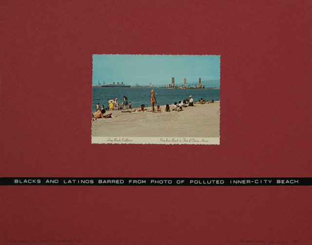 Allan Sekula, Long Beach Notes, 1980. Four parts, commercial postcards on cardboard, dymo type. Courtesy the artist and Marian Goodman Gallery New York, Paris and London.