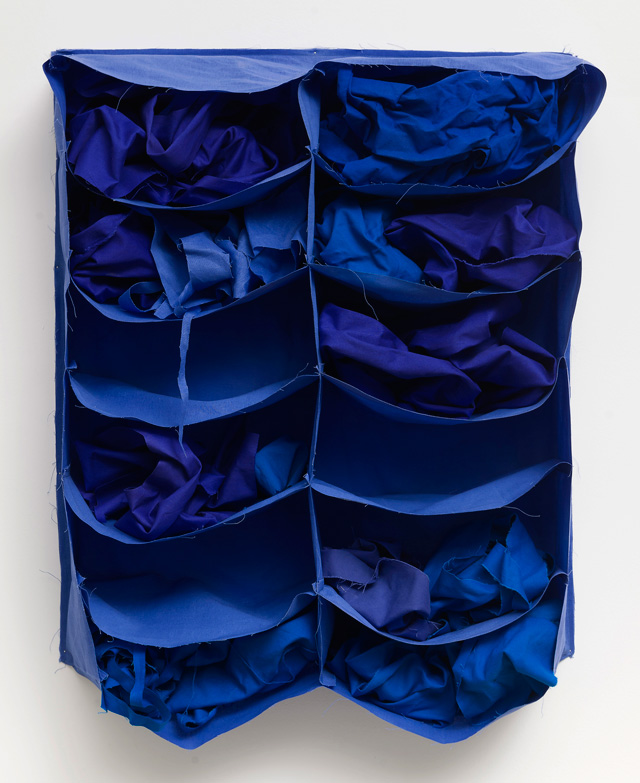 Gerda Scheepers. Shelf for a Symptom (Blue), 2018. Fabric, 76 x 60 x 15 cm (29 7/8 x 23 9/16 x 5 7/8 in). Image courtesy the artist; Mary Mary, Glasgow. Photo: Malcolm Cochrane.