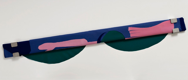 Gerda Scheepers. Issue (green pink blue), 2019. Fabric, steel brackets, 5 x 180 x 16 cm (2 x 70 4/5 x 6 1/5 in). Image courtesy the artist; Mary Mary, Glasgow. Photo: Malcolm Cochrane.