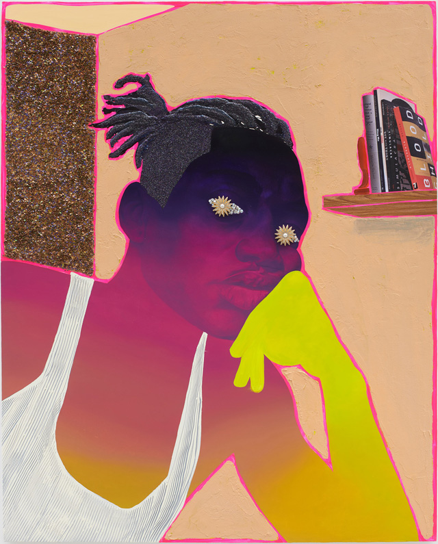 Devon Shimoyama, Miles, 2019. Oil, acrylic, colour pencil. jewellery, Flashe, glitter, collage, sequins and fabric on canvas
stretched over panel, 60 x 48 in (152.4 x 121.9 cm). Image courtesy De Buck Gallery, New York.