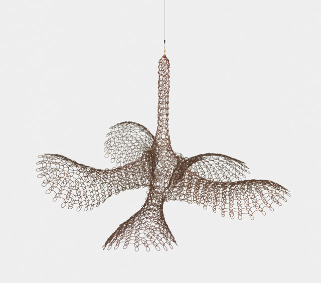 Asawa, Ruth, Untitled (S.2005, Hanging Open Five Petaled Form) c. 1966. Hanging sculpture, copper wire, 11 1/2 x 18 x 18 in (29.2 x 45.7 x 45.7 cm). © The Estate of Ruth Asawa. Courtesy The Estate of Ruth Asawa and David Zwirner.