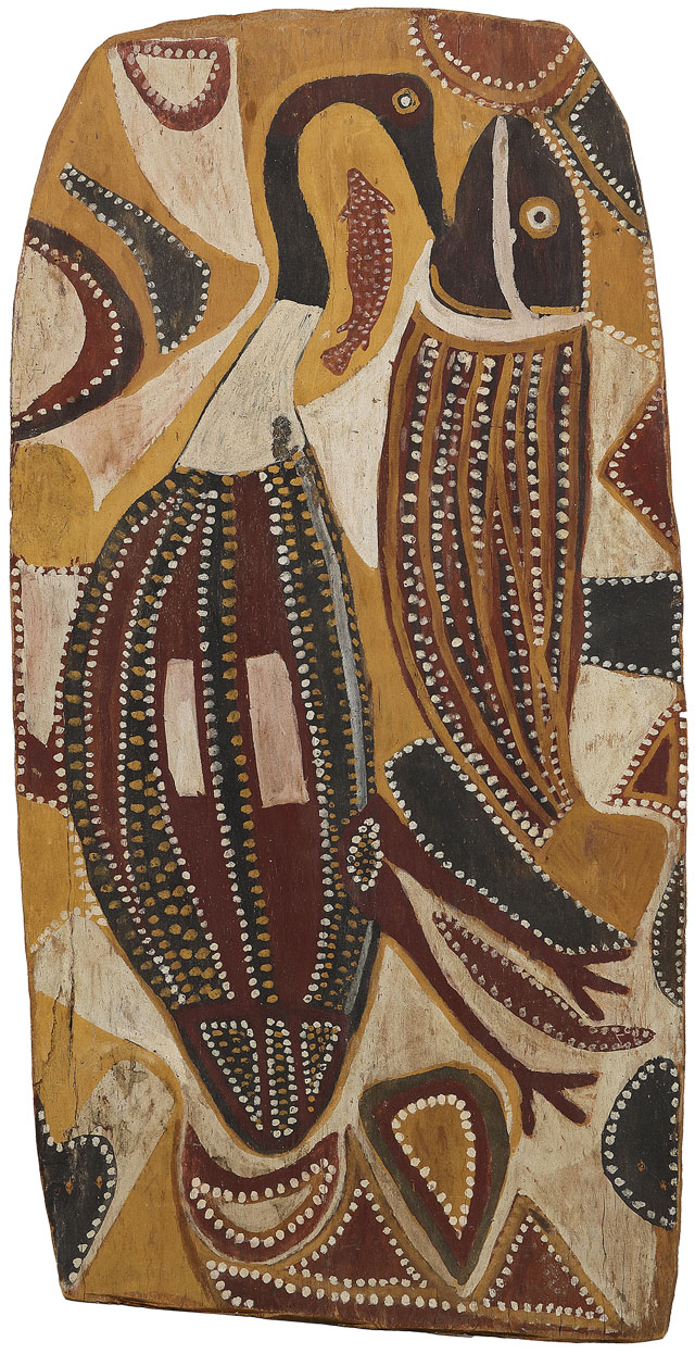 Majata Bunduk (Murrinh-patha, c1920s – c1990s). A Wader Catching Fish, before 1966. Natural pigments on bark, 32 ¾ x 16 ¾ in. Courtesy of the Kluge-Ruhe Aboriginal Art Collection. © the artist licensed by Aboriginal Artists Agency Ltd.
