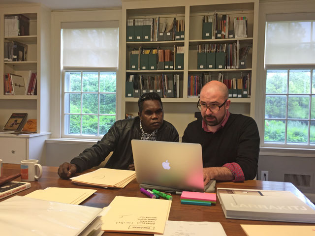 Yinimala Gumana and Henry Skerritt researching the collection. Image courtesy Kluge-Ruhe Aboriginal Art Collection.