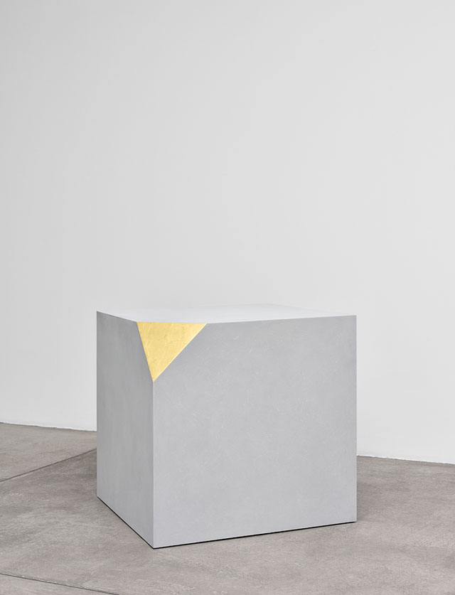 Ettore Spalletti. Così com'è, grigio, 2006. Colour impasto on wood, gold leaf, 31 1/2 x 31 1/2 x 31 1/2 in (80 x 80 x 80 cm). Photograph: Rebecca Fanuele. Courtesy of the artist and Galerie Marian Goodman Paris.