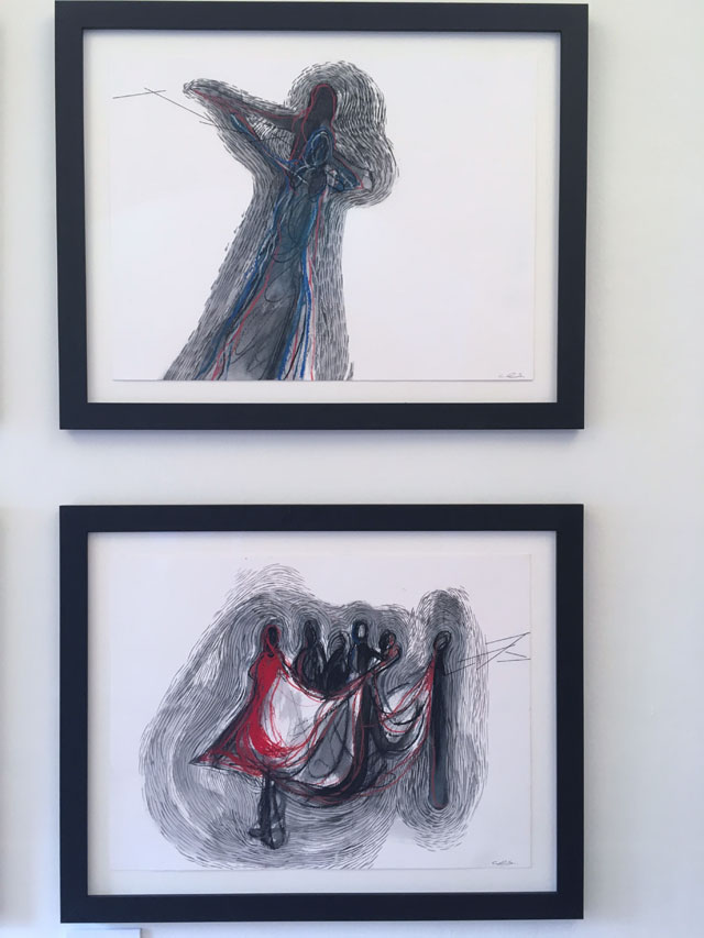 Top: Chiharu Shiota, Dancing, 2018. Oil pastel and thread on paper. 42 x 56 cm. Bottom: Red Coat, 2018. Oil pastel and thread on paper. 42 x 56 cm. Photograph: Veronica Simpson.