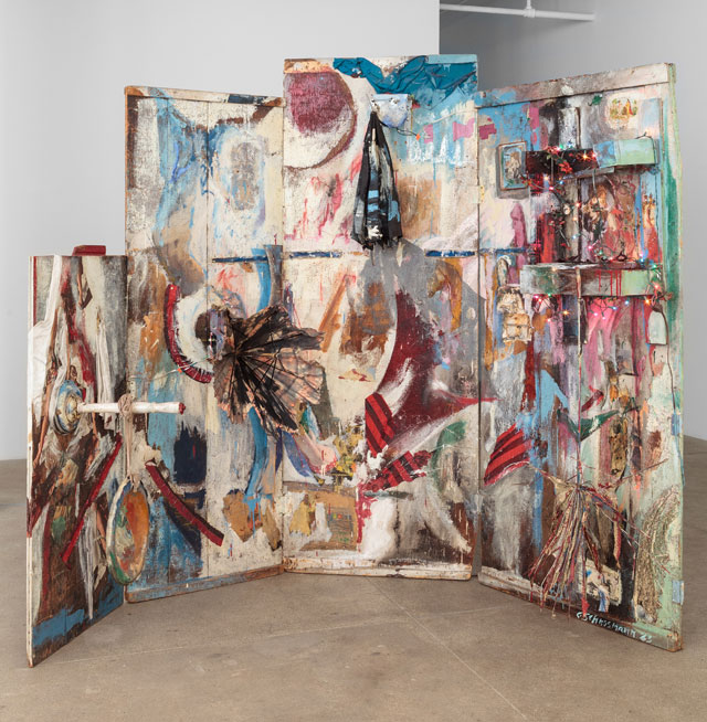 Carolee Schneemann. Four Fur Cutting Boards, 1963. Oil paint, umbrellas, motors, light bulbs, string lights, photographs, fabric, lace, hubcaps, printed papers, mirror, nylon stockings, nails, hinges, and staples on wood. 90 ½ x 131 x 52 in (229.9 x 332.7 x 132.1 cm). The Jill and Peter Kraus Endowed Fund for Contemporary Acquisitions; The Riklis Collection of McCrory Corporation (by exchange); The Lillie P. Bliss Bequest (by exchange). © 2017 Carolee Schneemann. Courtesy the artist, P.P.O.W, and Galerie Lelong, New York.