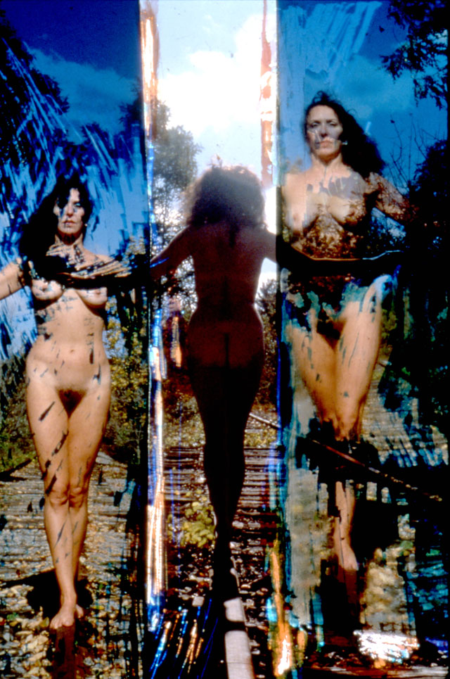 Carolee Schneemann. Nude on Tracks, 1962-77. Hand-tinted chromogenic colour prints of photographs on archival paper. © 2017 Carolee Schneemann. Courtesy the artist, P.P.O.W, and Galerie Lelong, New York. Photograph: Charles Stein.