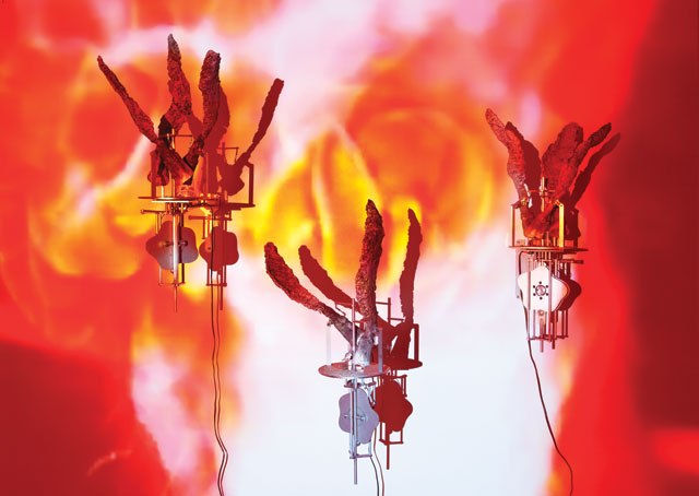 Carolee Schneemann. Flange 6rpm, 2011-13. Seven foundry-poured aluminium sculptures, motors (6 rpm), and video (colour, silent). Dimensions variable. © 2017 Carolee Schneemann. Courtesy the artist, P.P.O.W, and Galerie Lelong, New York.