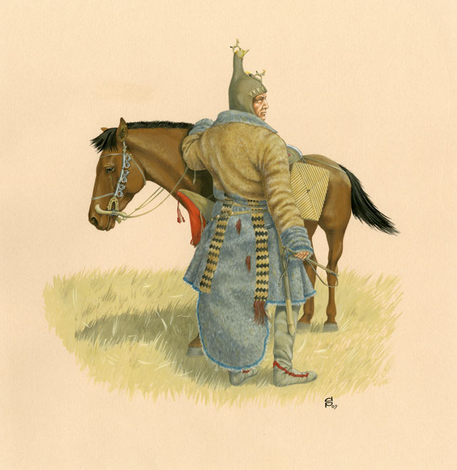 Horse and man. Drawing. Reconstruction of Scythian horseman based on the excavated finds from Olon-Kurin-Gol 10, Altai mountains, Mongolia. By D. V. Pozdnjakov, Institute for Archaeology and Ethnography of the Siberian Department of the Russian Academy of Sciences.