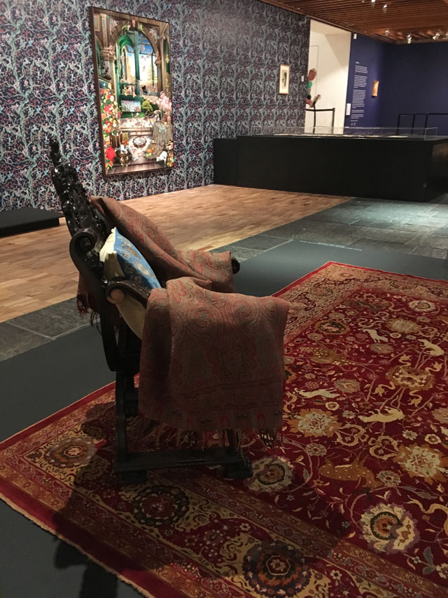 Renaissance Revival hand-carved Curule Throne circa 1870 (cushion from Neuschwanstein gift shop embroidered with Ludwig II of Bavaria’s swan motif). From Raqib Shaw’s private collection. Photograph: Veronica Simpson.