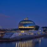 Lit up at night, the auditorium and sail glow, flagging up this new cultural quarter. Photograph: Didier Boy de la Tour.