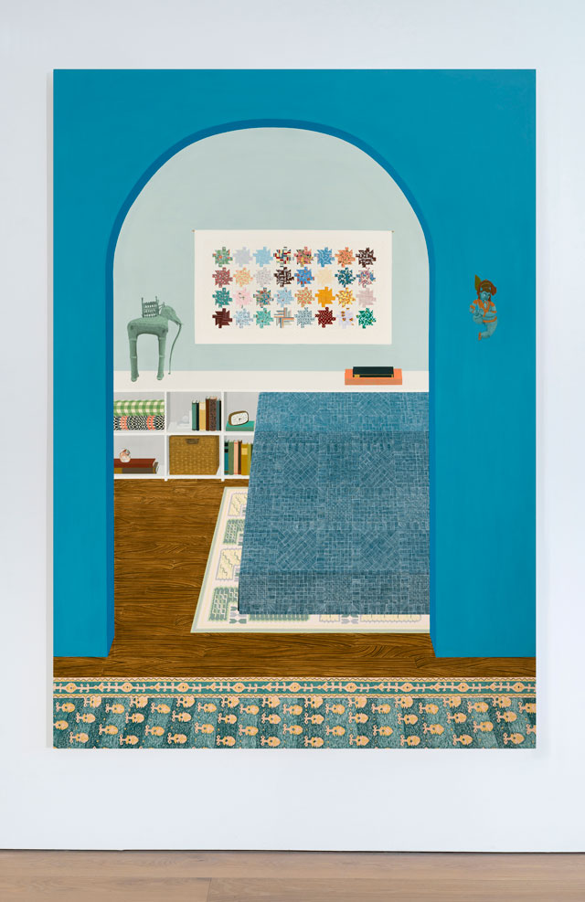 Becky Suss. Blue Apartment, 2016. Oil on canvas, 84 x 60 x 1 3/8 in. Courtesy Jack Shainman Gallery.