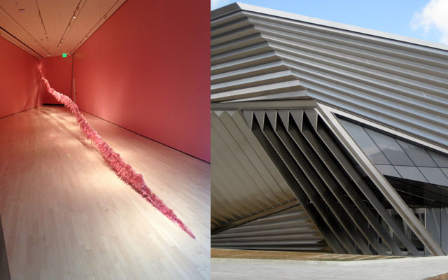 Mithu Sen. Border Unseen, 2014. Installation view, Eli and Edythe Broad Art Museum, USA. False teeth and dental polymer sculpture suspended from the ceiling to the gallery floor, 84 feet. Courtesy Eli and Edythe Broad Art Museum, USA.