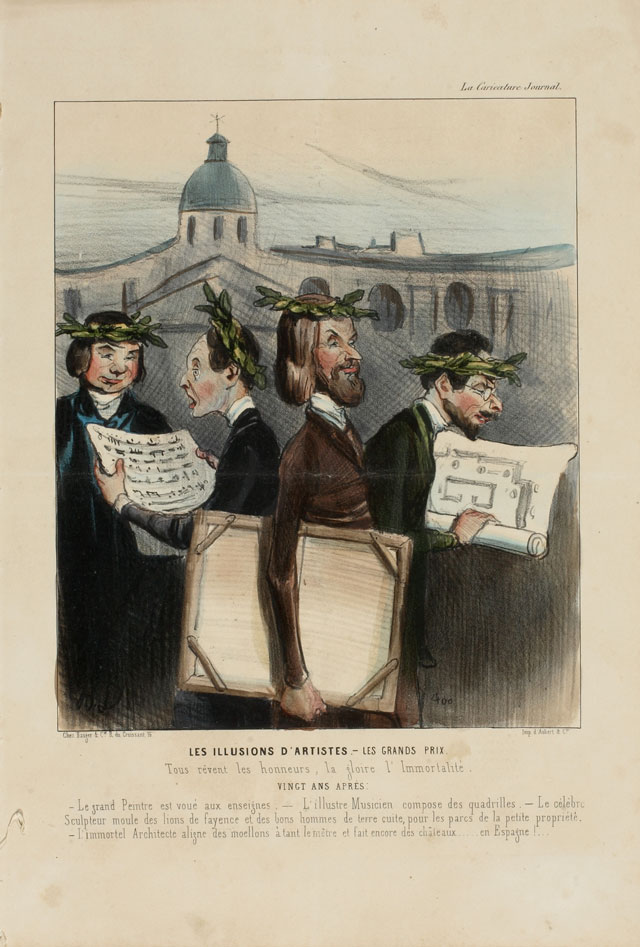 Honoré Daumier. Les illusions d'artistes - Les grands prix (The Illusions of Artists – Grand Prizes), 1842. From: La Caricature, 17th July 1842. Colour Lithograph. © Museum der Moderne Salzburg. Photograph: Bettina Salomon.