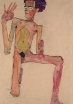 Egon Schiele. Kneeling Nude with Raised Hands (Self-Portrait), 1910. Black chalk and gouache on paper, 63 x 45 cm. The Leopold Museum, Vienna.