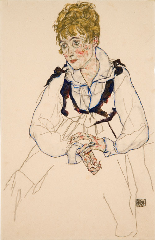 Egon Schiele. The Artist’s Wife (Edith Schiele), 1917. Gouache on paper, 45.5 x 29.7 cm. Belvedere, Vienna. © Belvedere Vienna.