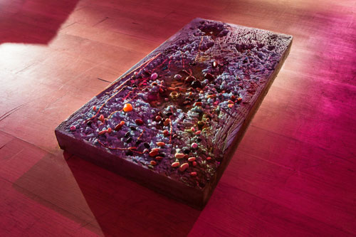 Samara Scott. Plebs, 2014. Insulation foam, water, watercolour, spaghetti, noodles, nail varnish, beads, beans, nuts. Courtesy of The Sunday Painter and the artist.
