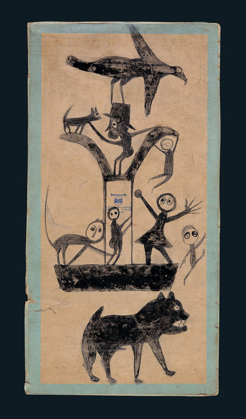 Untitled (Figures and Construction with Blue Border). Bill Traylor (c1854–1949). Montgomery, Alabama, c1941. Poster paint and pencil on cardboard. 15 1/2 x 8 in. Collection American Folk Art Museum, New York. Gift of Charles and Eugenia Shannon. Photograph: John Parnell, New York.