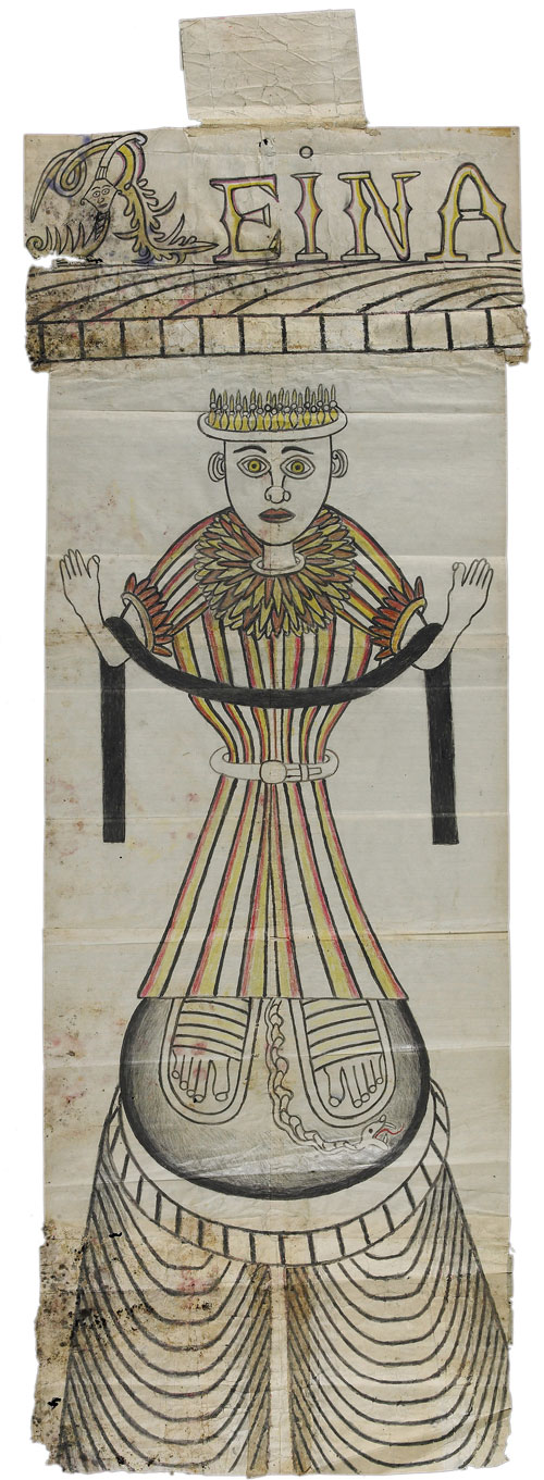 Reina. Martín Ramírez (1895–1963), Auburn, California, c1960–1963. Paint, crayon, pencil, and collage on pieced paper, 48 x 16 1/2 in. Collection American Folk Art Museum, New York. Gift of the Family of Dr. Max Dunievitz and the Estate of Martin Ramirez. © Estate of Martín Ramírez. Photograph: Ellen McDermott.