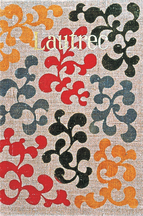 Serizawa Keisuke (1895–1984). <em>Book Cover: Rotorekku: Shogai to Geijutsu </em>(Lautrec: Art and Life) by Shikiba Ryuzaburo, July 1942<em>. </em>Stencil-dyed hemp, 10 5/8 x 7 7/8 in. Tohoku Fukushi University  Serizawa Keisuke Art and Craft Museum.