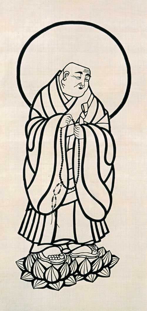 Serizawa Keisuke (1895–1984). <em>Portrait of Honen Shonin, </em>1942. Hanging scroll, stencil-dyed silk, 86 1/4 x 31 3/4 in. Tohoku Fukushi University  Serizawa Keisuke Art and Craft Museum.