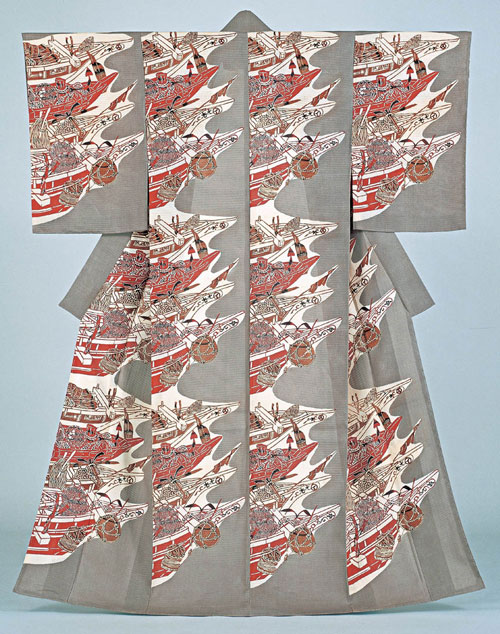 Serizawa Keisuke (1895–1984). <em>Fishing Boats</em> 1958. Kimono, stencil-dyed silk gauze, 64 3/4 x 49 5/8 in. Tohoku Fukushi University  Serizawa Keisuke Art and Craft Museum.