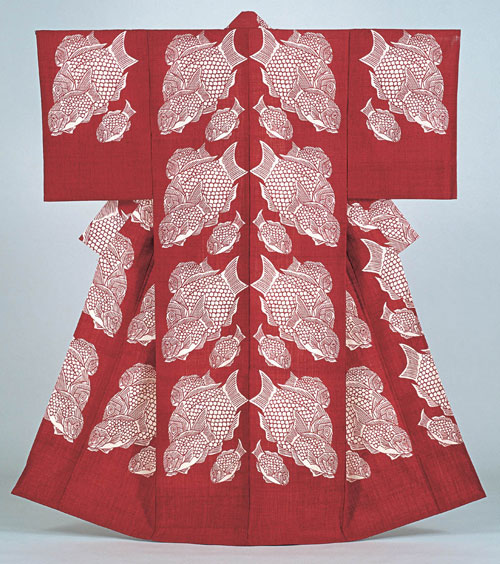 Serizawa Keisuke (1895–1984). <em>Seabream </em>1964. Kimono, stencil-dyed tsumugi-weave silk, 62 1/4 x 51 1/8 in. Tohoku Fukushi University  Serizawa Keisuke Art and Craft Museum.