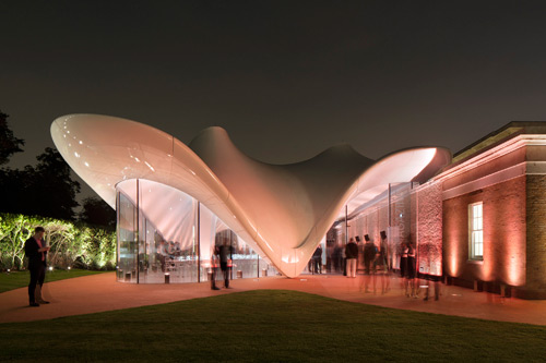 Serpentine Sackler Gallery.  Zaha Hadid Architects. Night view. Photograph © 2013 Luke Hayes.