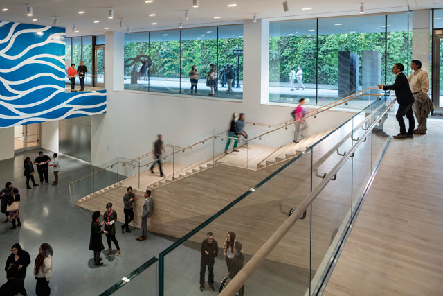 Helen and Charles Schwab Hall featuring Sol LeWitt’s Wall Drawing 895: Loopy Doopy (white and blue), 1999. Photograph: © Henrik Kam, courtesy SFMOMA.