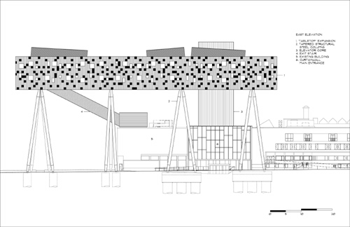 Sharp Center. <em>East elevation. </em>