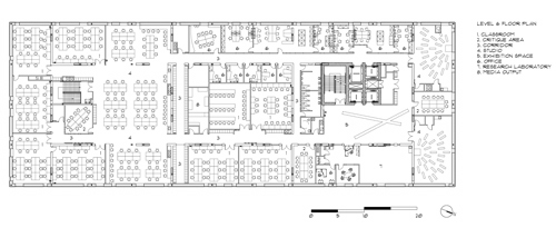 1. Classroom

      2. Critique area

        3. Corridor

        4. Studio

        5. Exhibtion area

        6. Office

      7. Research laboratory

      8. Media output