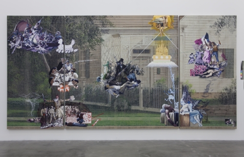 Jim Shaw, Seven Deadly Sins, 2013. Acrylic on muslin, triptych; left panel: 96 x 48 in (243.8 x 121.9 cm); centre panel: 96 x 96 in (243.8 x 243.8 cm); right panel: 96 x 48 in (243.8 x 121.9 cm). Marciano Art Collection