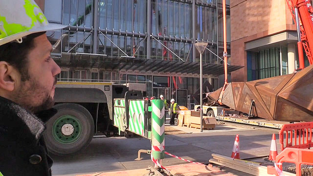 Conrad Shawcross at the installation of Paradigm outside the Francis Crick Institute, near King’s Cross, London. Photograph: Martin Kennedy.