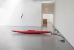 Roman Signer. Ladder, 1995 (exhibition copy 2015), and Kayak with rubber, 2015. Photograph: Ruth Clark, courtesy of Dundee Contemporary Arts.